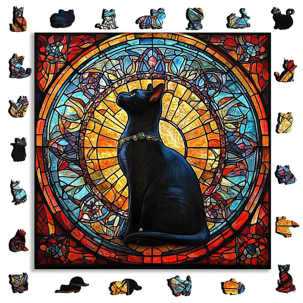 Animal Jigsaw Puzzle > Wooden Jigsaw Puzzle > Jigsaw Puzzle A5 Stained Glass Feline - Jigsaw Puzzle